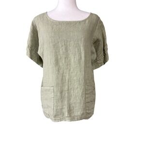 Francesca Bettini Womens Linen Blouse Small Green Scoop Neck Italy